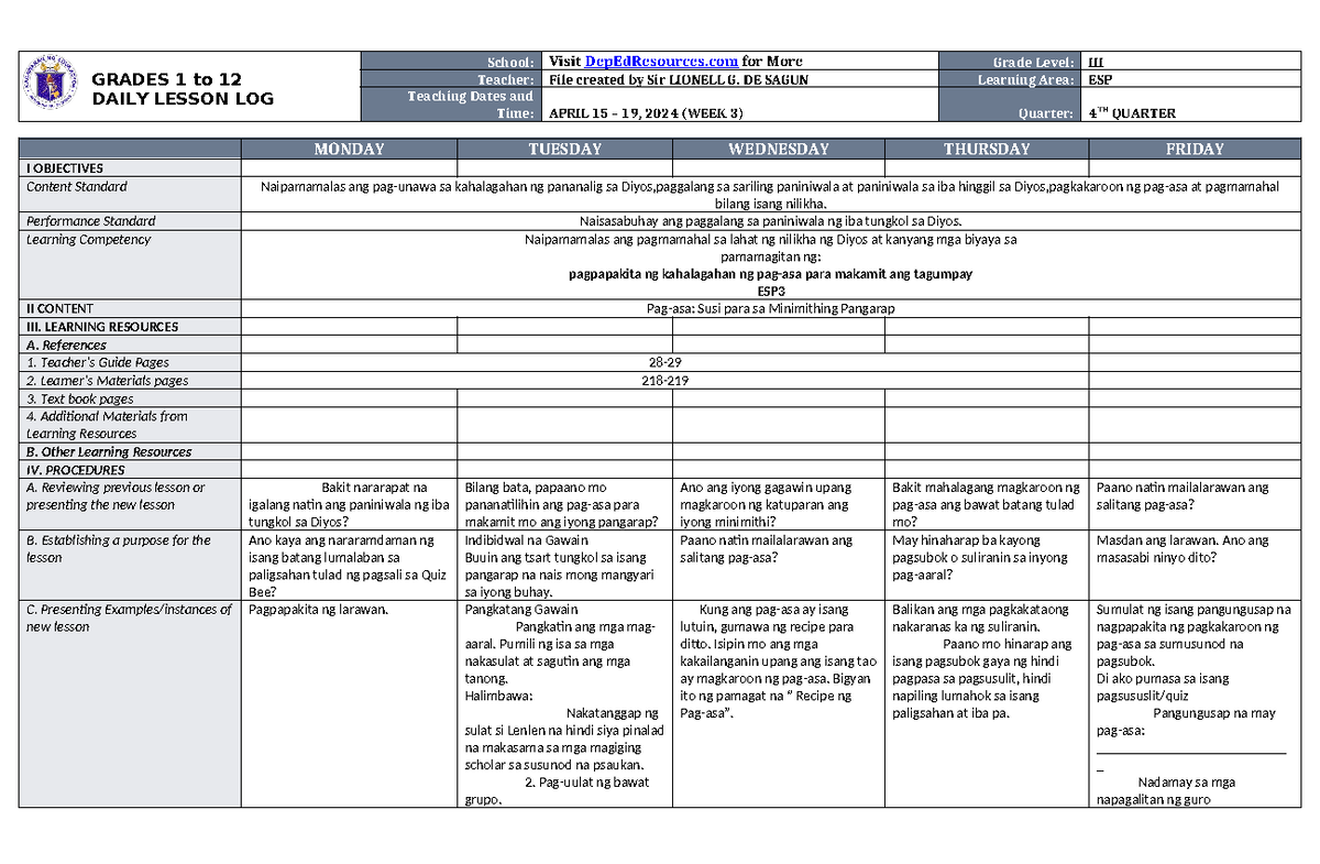 DLL ESP 3 Q4 W3 - Daily Lesson Log on Pag-asa in Life - Studocu