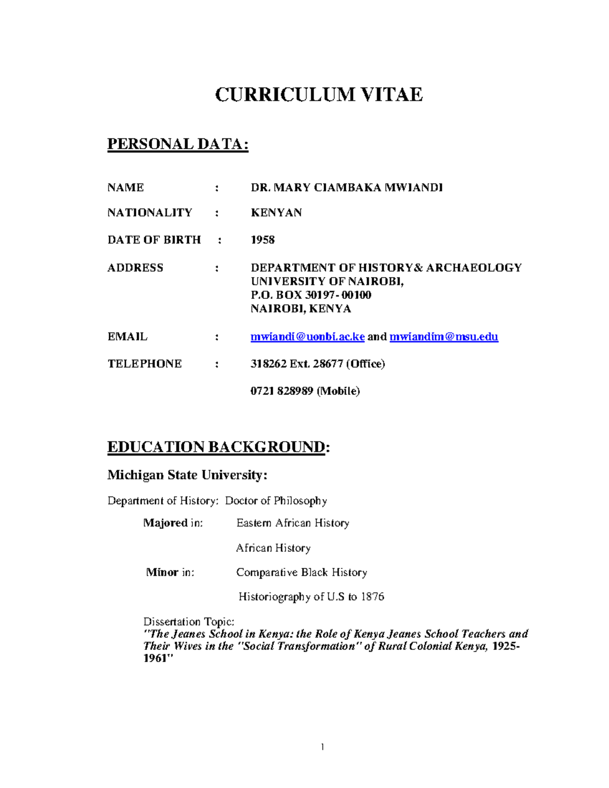 Curriculum Vitae of Dr. Mary C. Mwiandi - HR Specialist & Historian ...