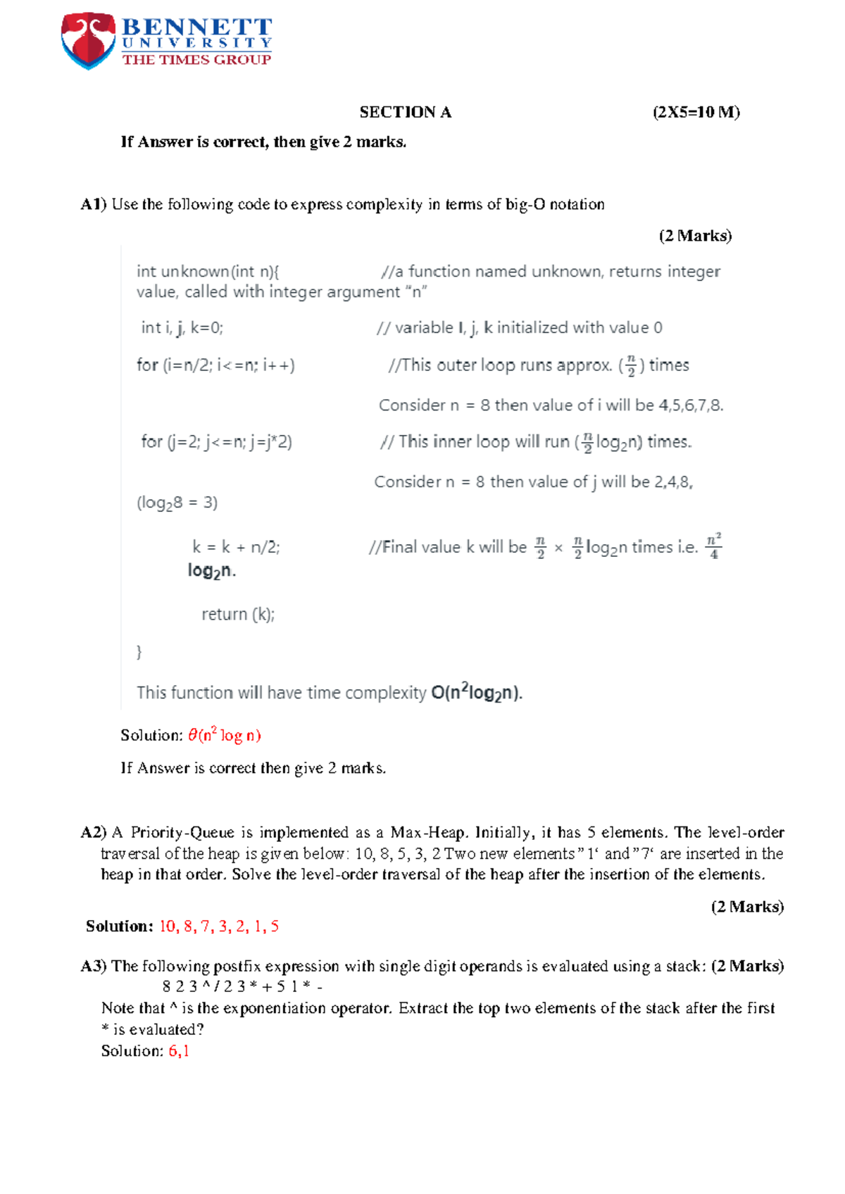 DSA 202 2023 End Term Exam Solutions and Answers - Studocu