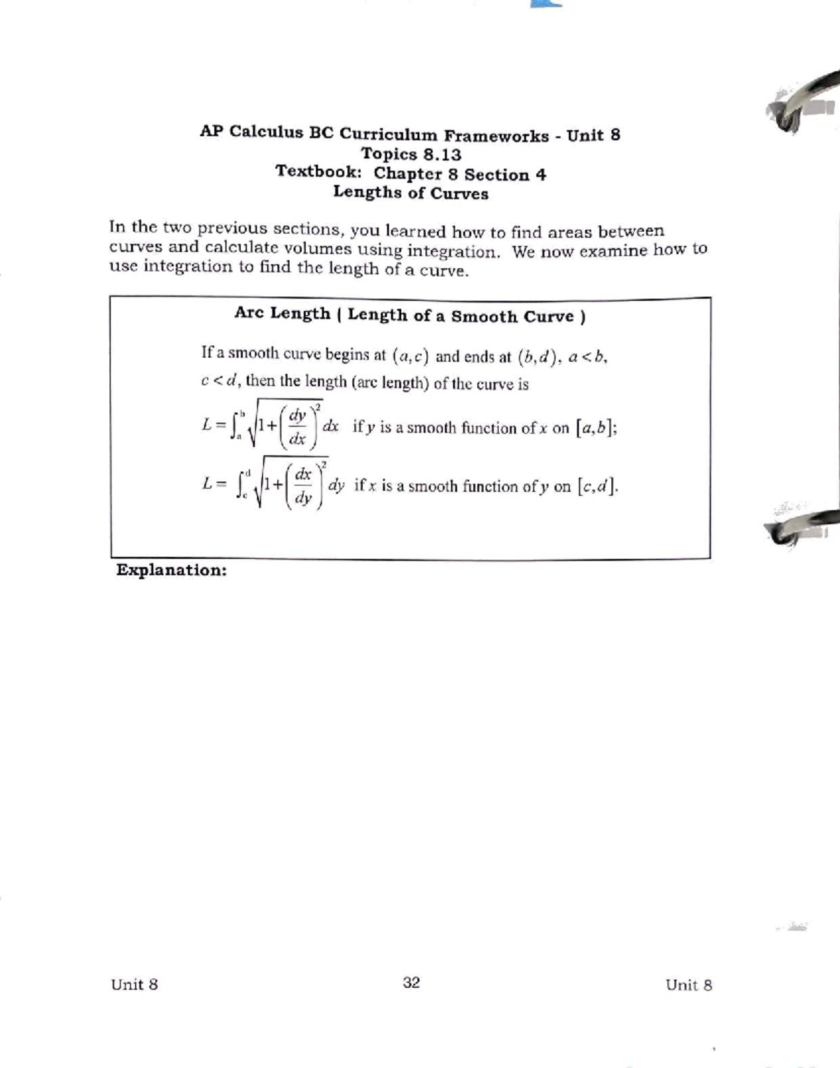 AP Calculus BC Unit 8: Arc Length of Curves and Integration - Studocu