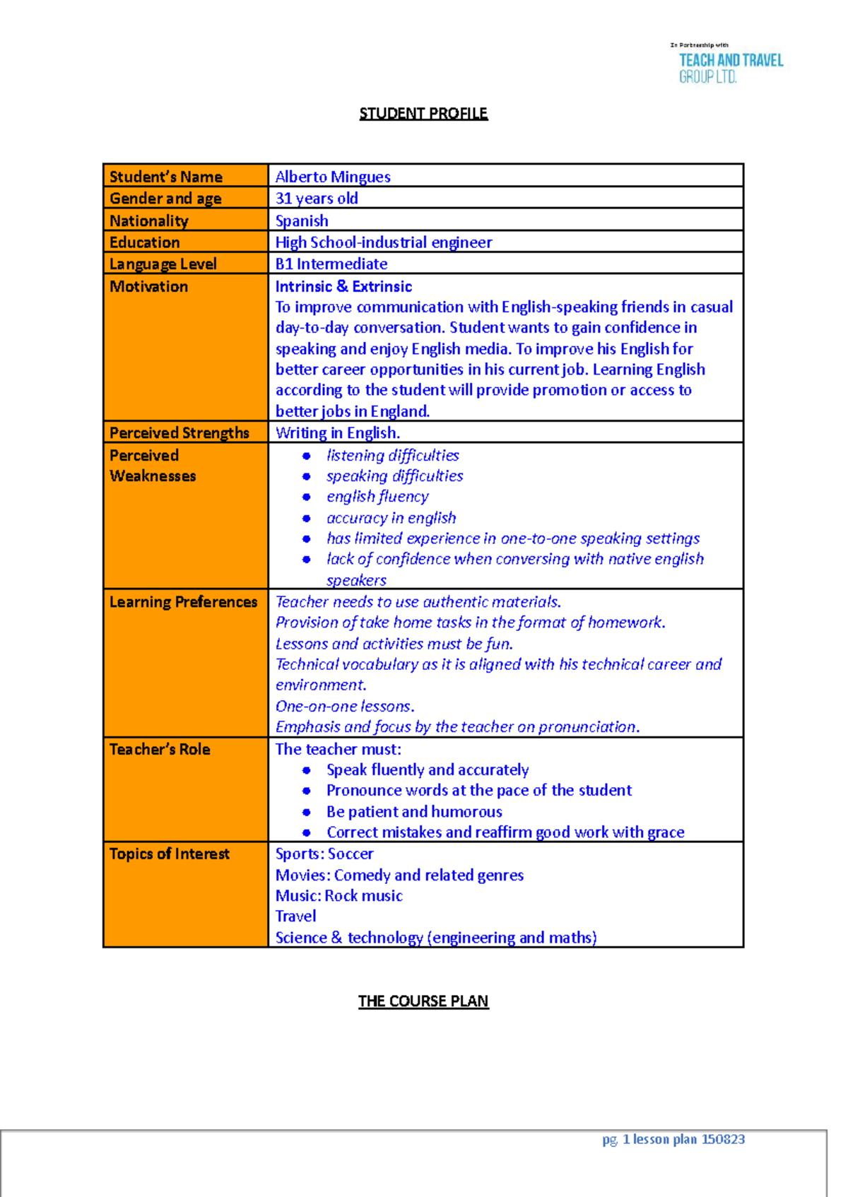 1692174723 3 - Lesson Plan - STUDENT PROFILE Student’s Name Alberto ...
