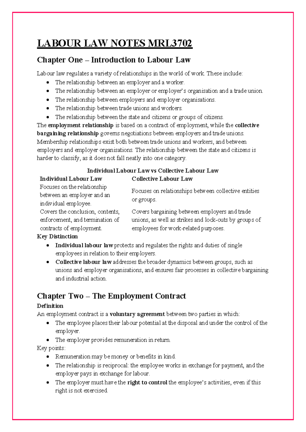 MRL3702 Labour Law Notes: Chapters 1-18 Overview and Key Concepts - Studocu