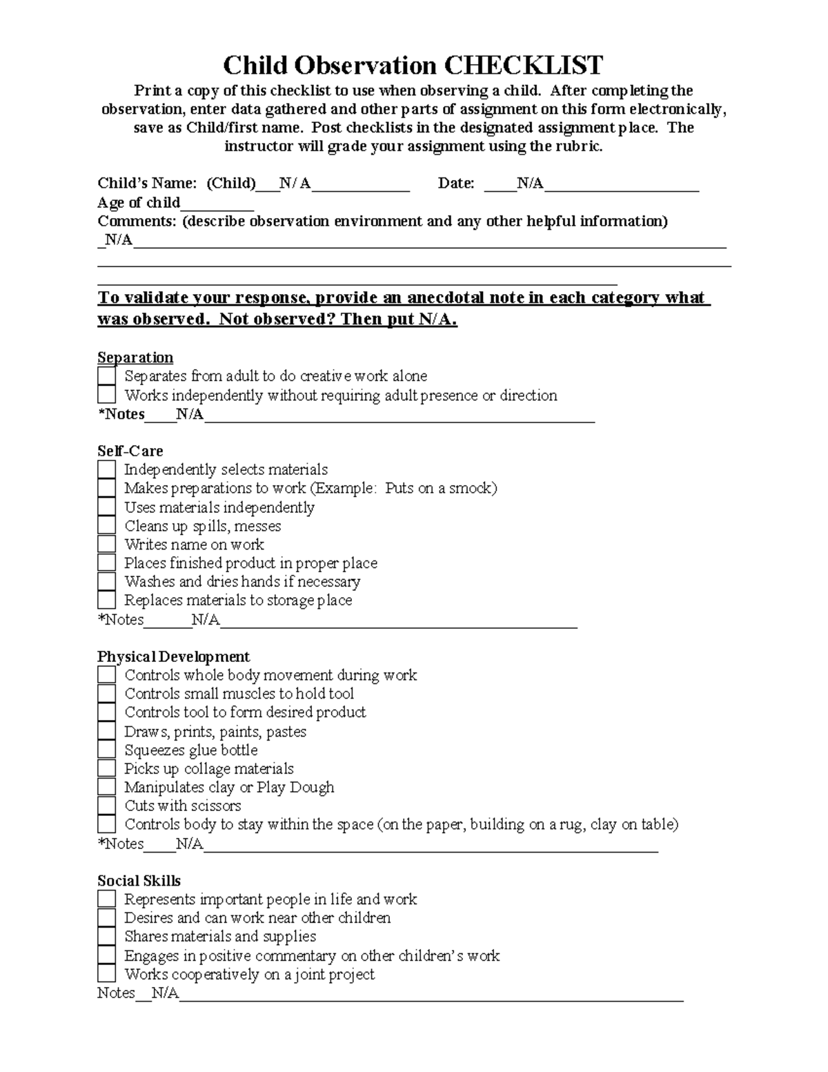 Zoe Coy ECED 103 Child Observation Checklist Spring 2023 - Studocu