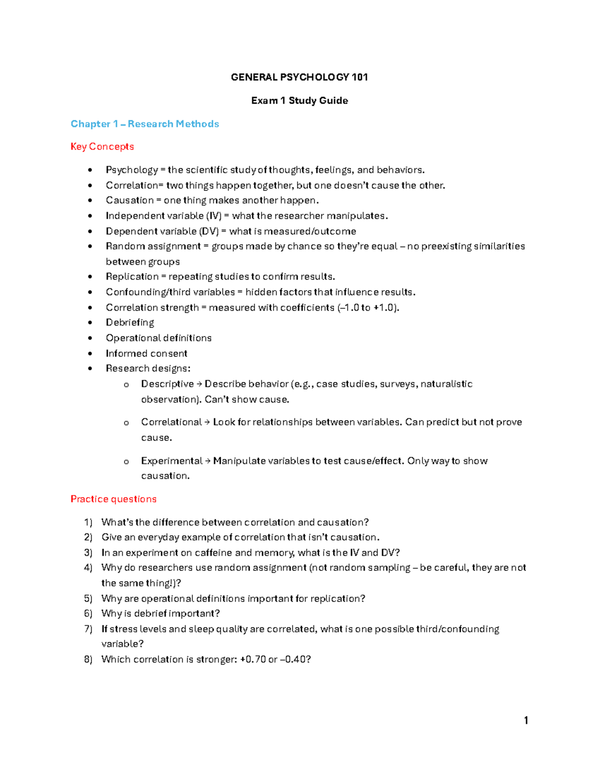 Gen Psych 101 Exam 1 Study Guide: Key Concepts & Research Methods - Studocu
