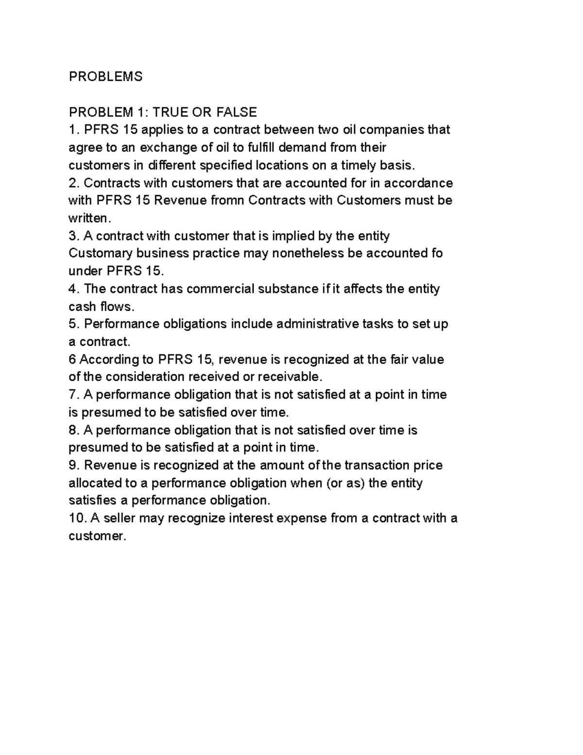 PFRS 15: True or False Problems - Problem 1 Analysis - Studocu