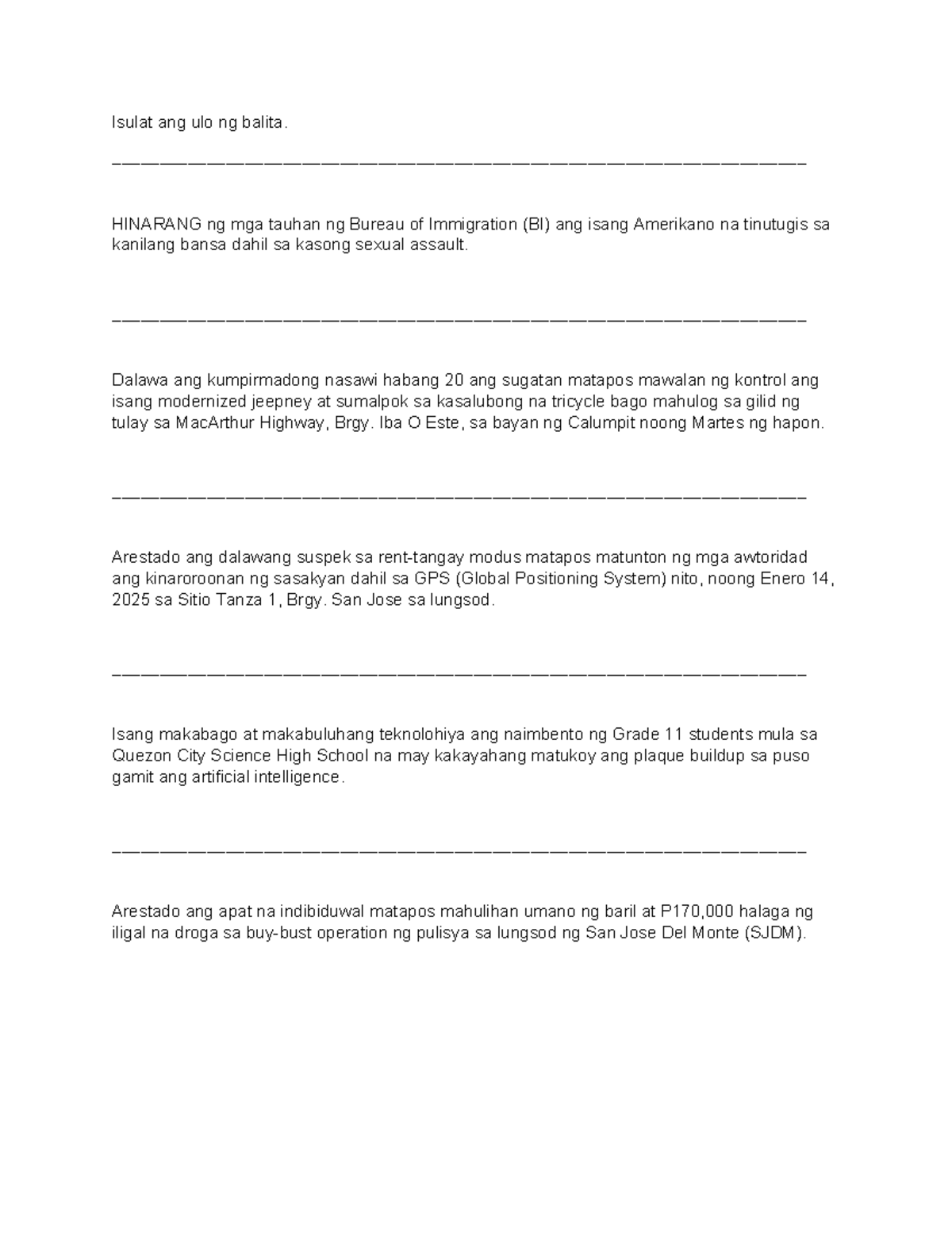 RSPC Coaching Filipino Homework: Ulo ng Balita ELEM - Studocu