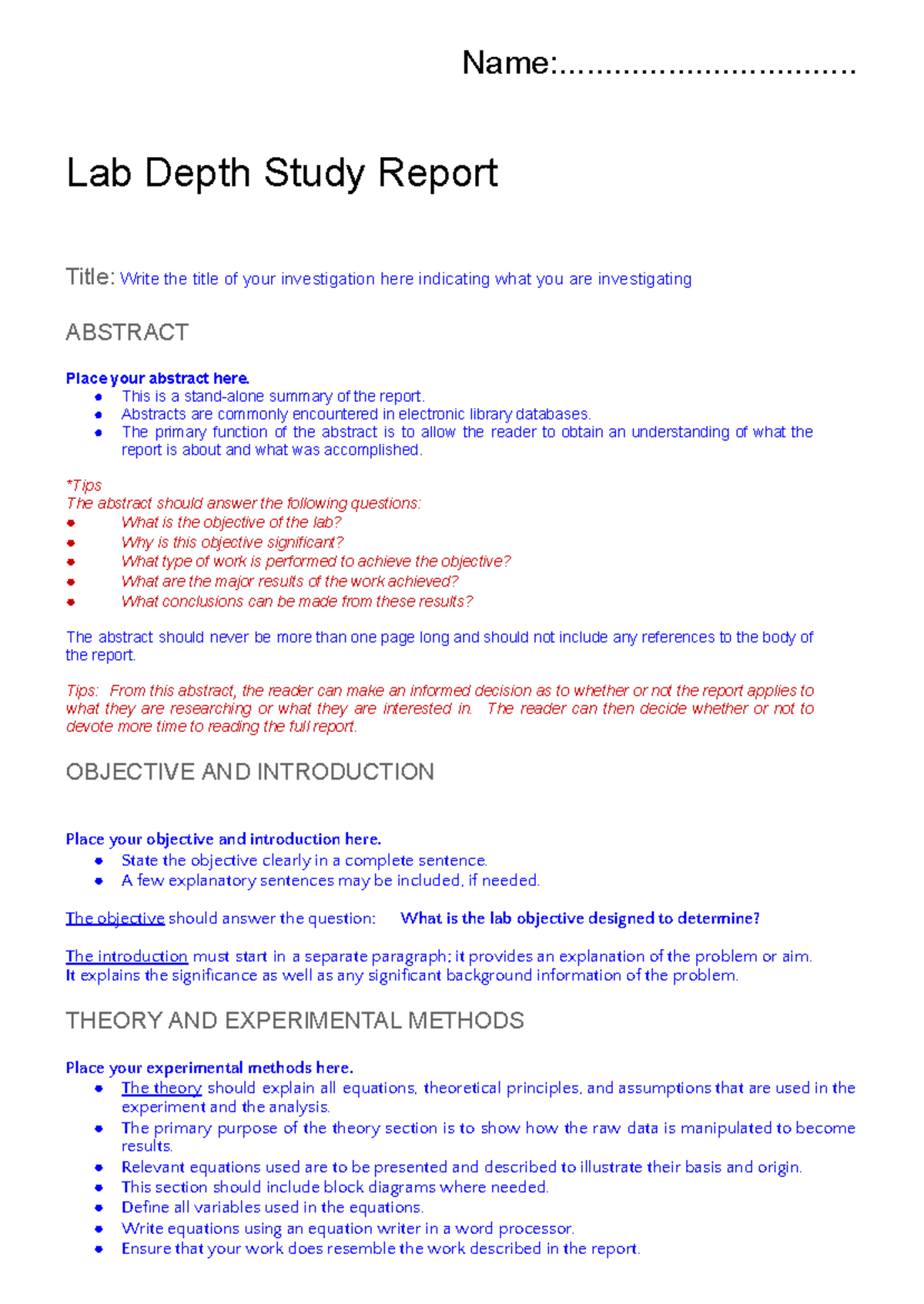 Lab Depth Study Report Template: Structure & Guidelines - Studocu