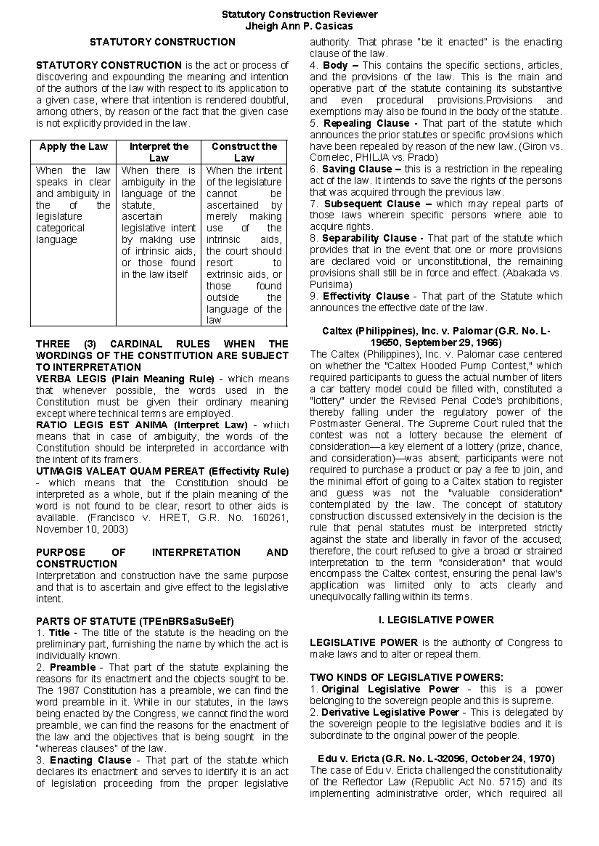 Statutory Construction Reviewer (Law 101): Key Concepts and Cases - Studocu