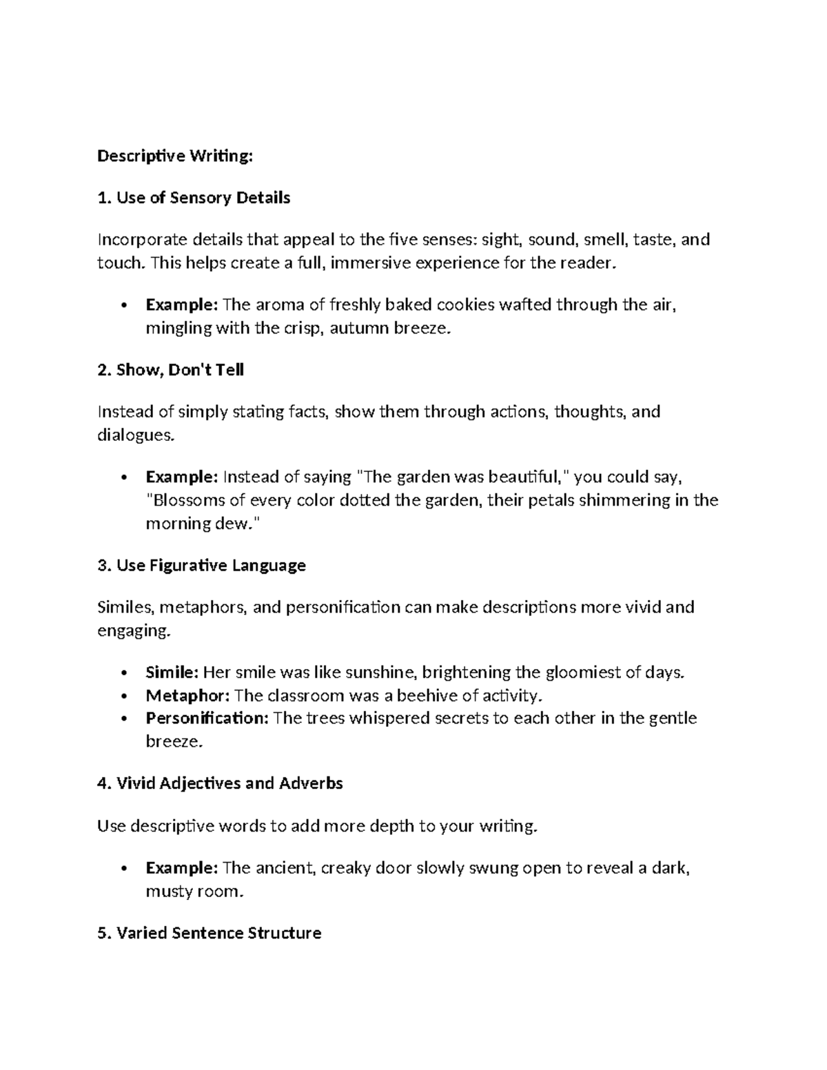 Descriptive Writing - Use of Sensory Details Incorporate details that ...