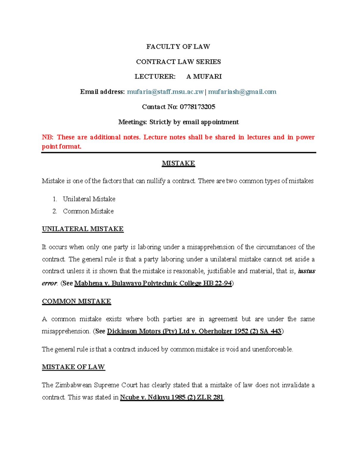 Contract Law Series: Understanding Mistakes in Contracts - Studocu