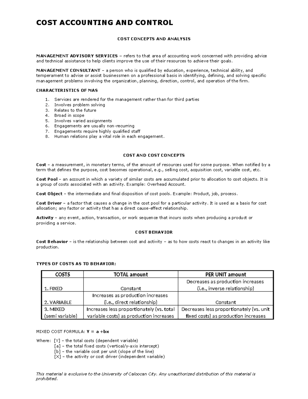 COST ACCOUNTING (COST ACCTG) - MANAGEMENT ADVISORY SERVICES OVERVIEW ...