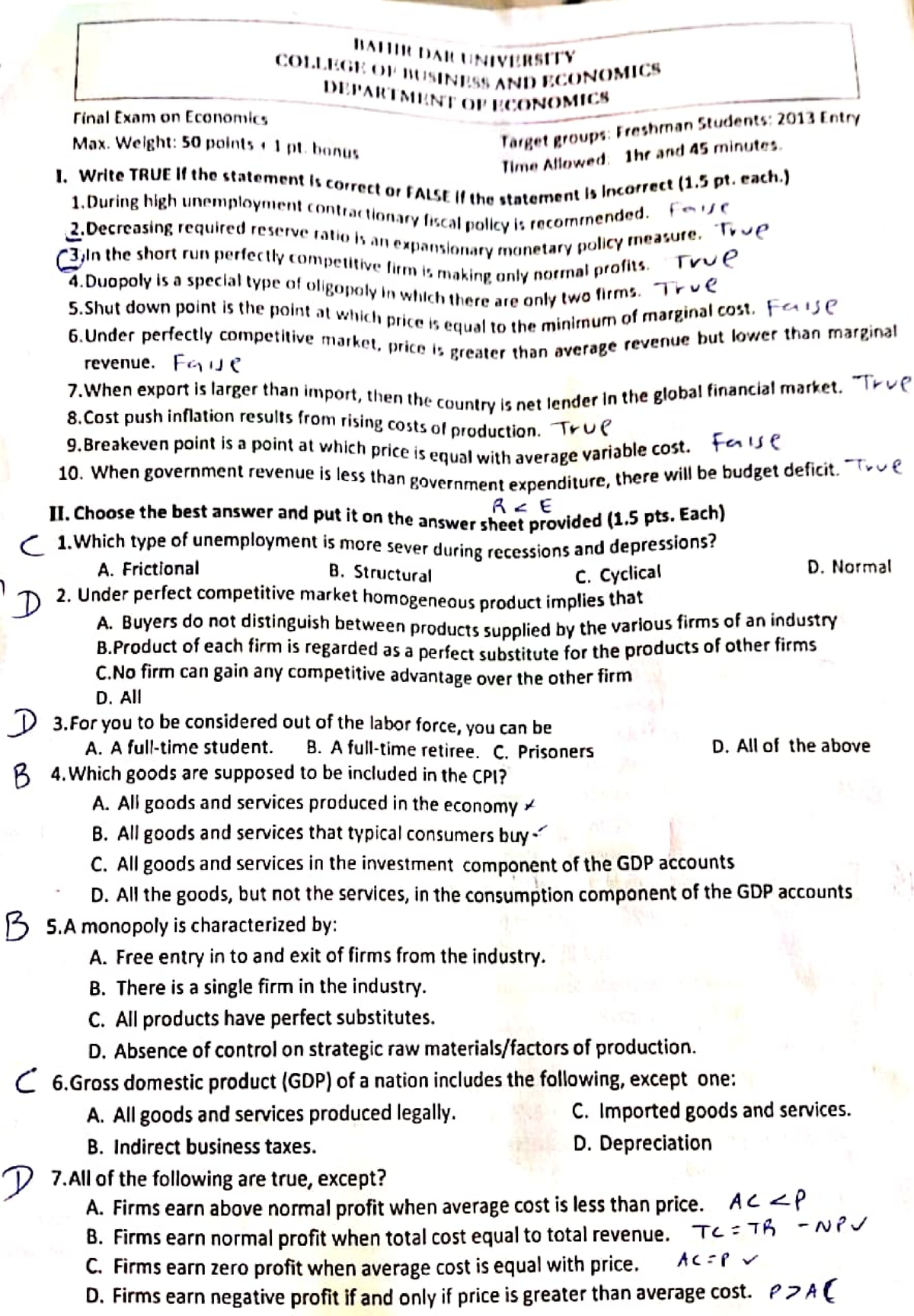 Aconcise Economics Final Exam Study Guide - Bahir Dar Univ 2013 - Studocu