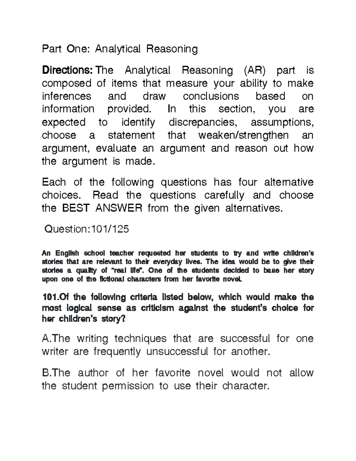AR 101: Analytical Reasoning Practice Questions and Answers - Studocu