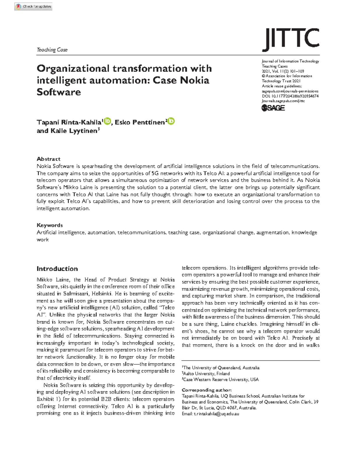 Case Study C2 - Intelligent Automation at Nokia Software: Transforming ...