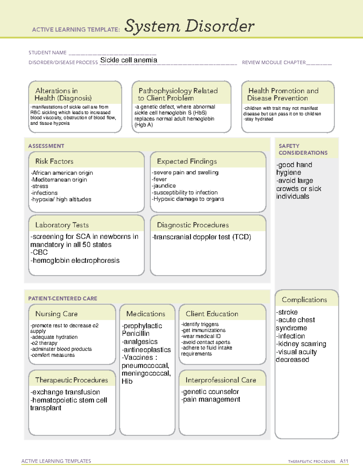 Sickle Cell Anemia System Disorder Overview & Nursing Care Notes - Studocu