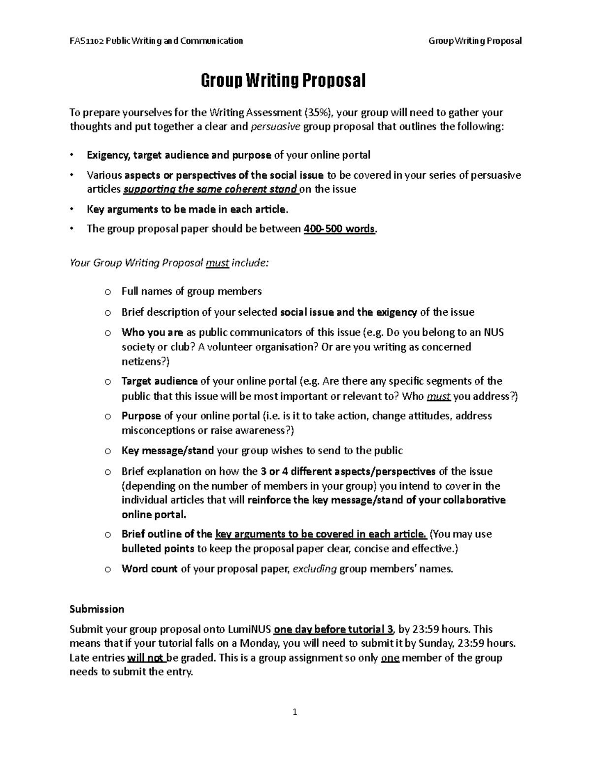 Group Writing Proposal Task Description - FAS1102 Public Writing and ...