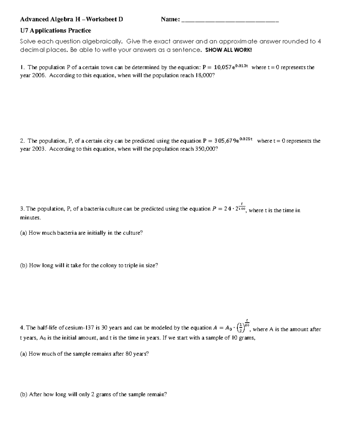 AAH U7 Advanced Algebra Applications Practice Worksheet - Studocu