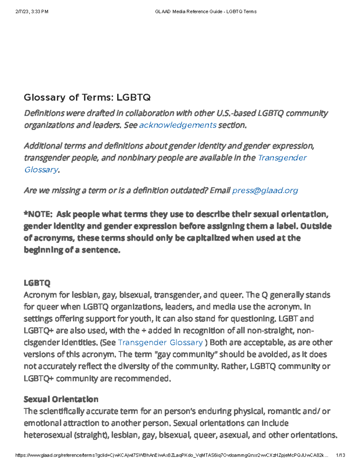 LGBTQ+ Terms Glossary: Key Definitions and Concepts - Studocu