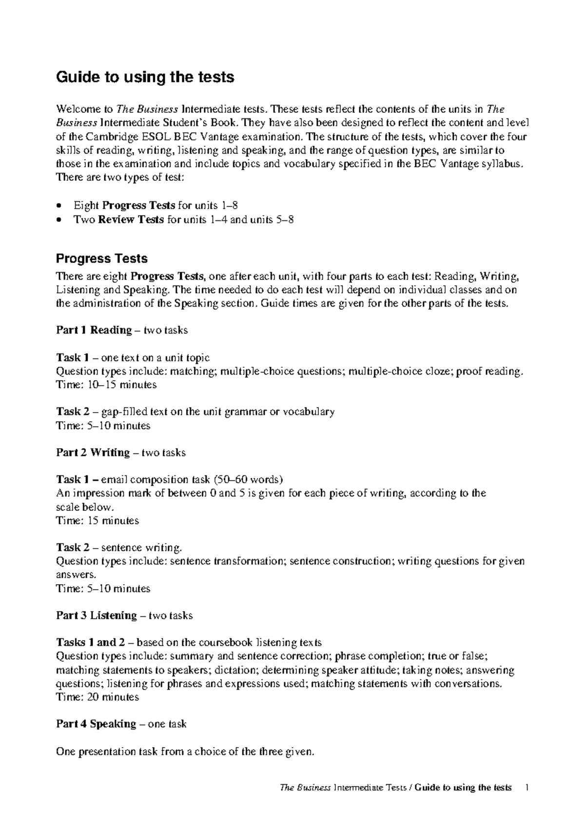 The Business Intermediate Tests: Guide to Progress & Review Assessments ...