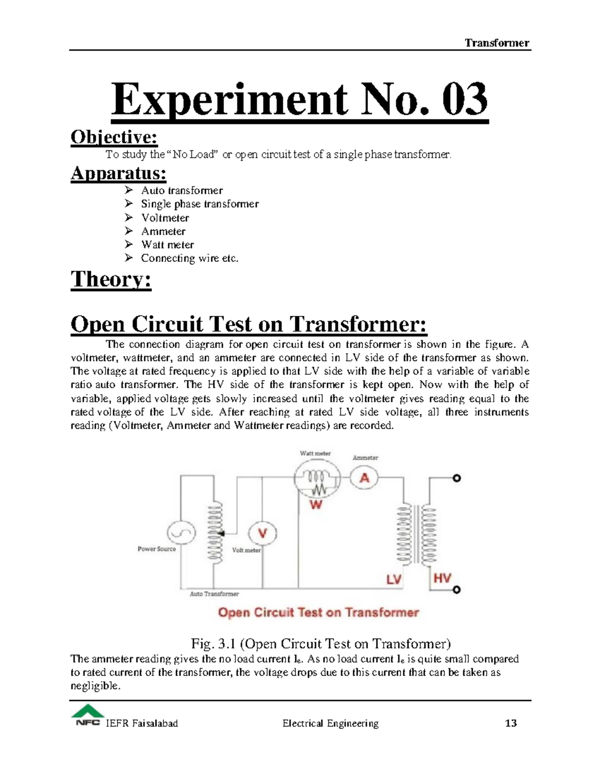 Lab 3: Open Circuit Test of Single Phase Transformer - Studocu