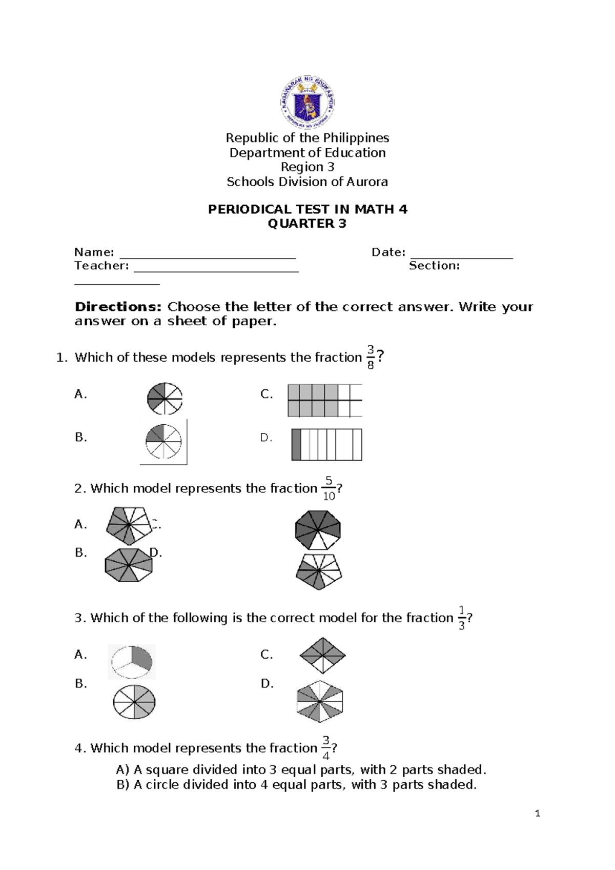 MATH 4 - Periodical Test for Quarter 3 - Studocu