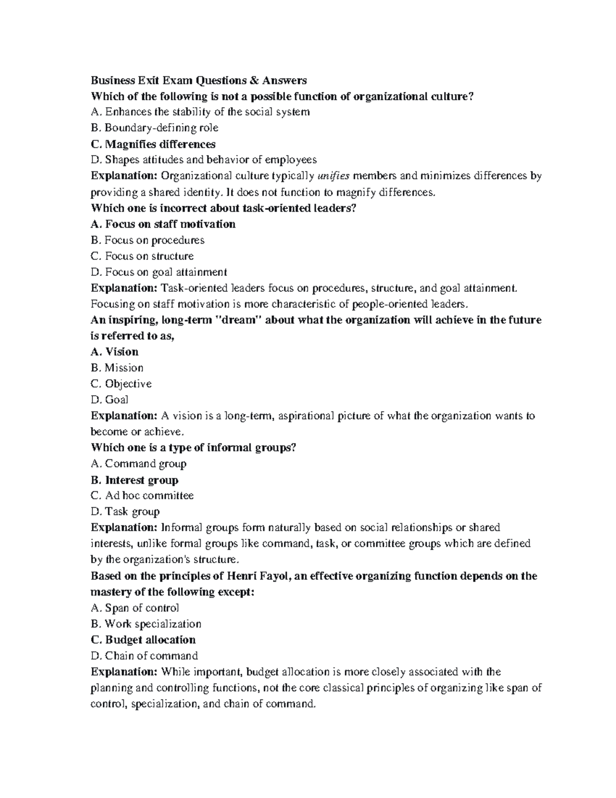 Business Exit Exam 3: Key Questions & Answers Guide - Studocu