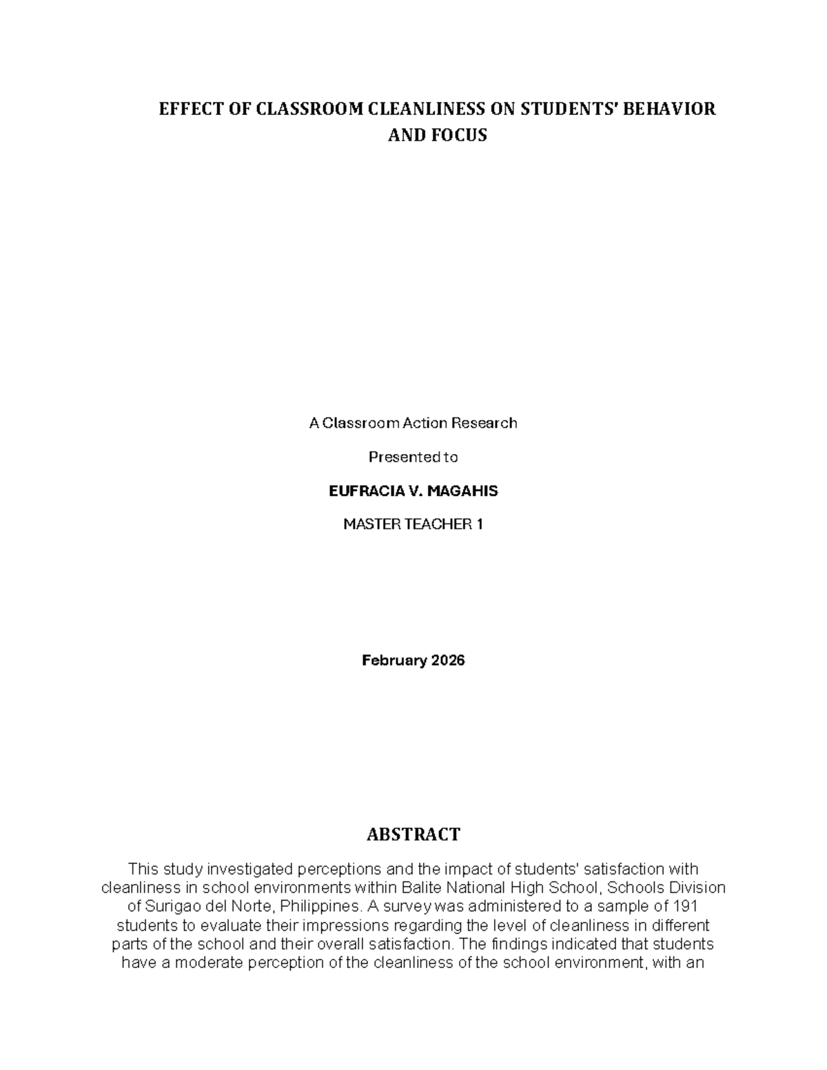 EFFECT OF CLASSROOM CLEANLINESS ON STUDENT FOCUS AND BEHAVIOR: A Study ...