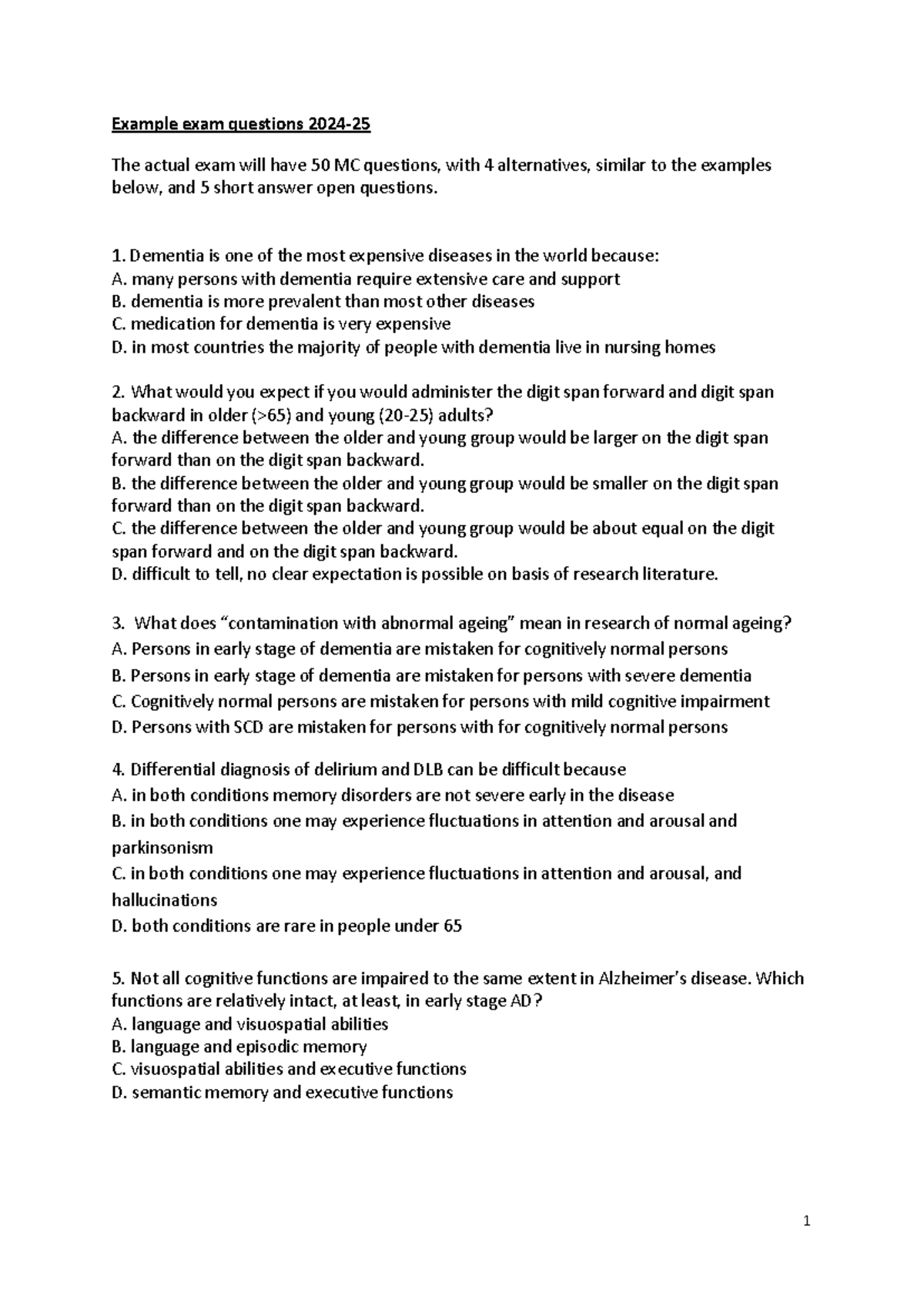 Exam Questions &amp; Answers for 2025: Cognitive Aging &amp; Dementia - Studeersnel