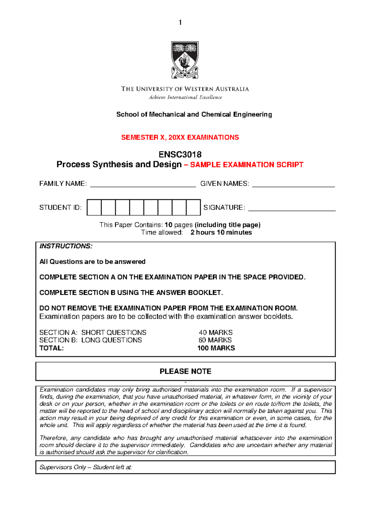 ENSC3018 Process Synthesis and Design 2016 Sample Exam Questions - Studocu