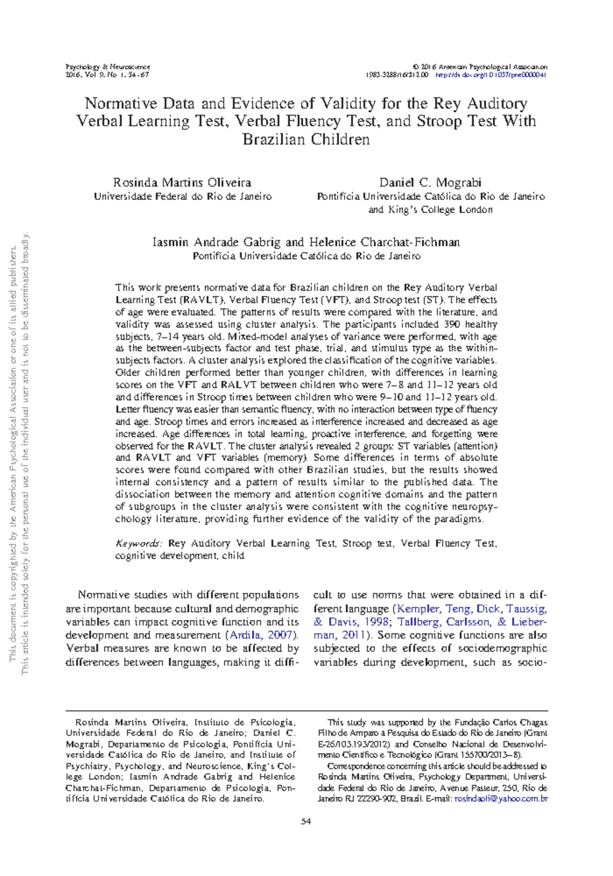 Normative Data for Rey Auditory Verbal Learning, Fluency, and Stroop ...