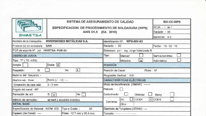Procedimiento de Soldadura SAW - Especificación WPS AWS D1.5 - Studocu