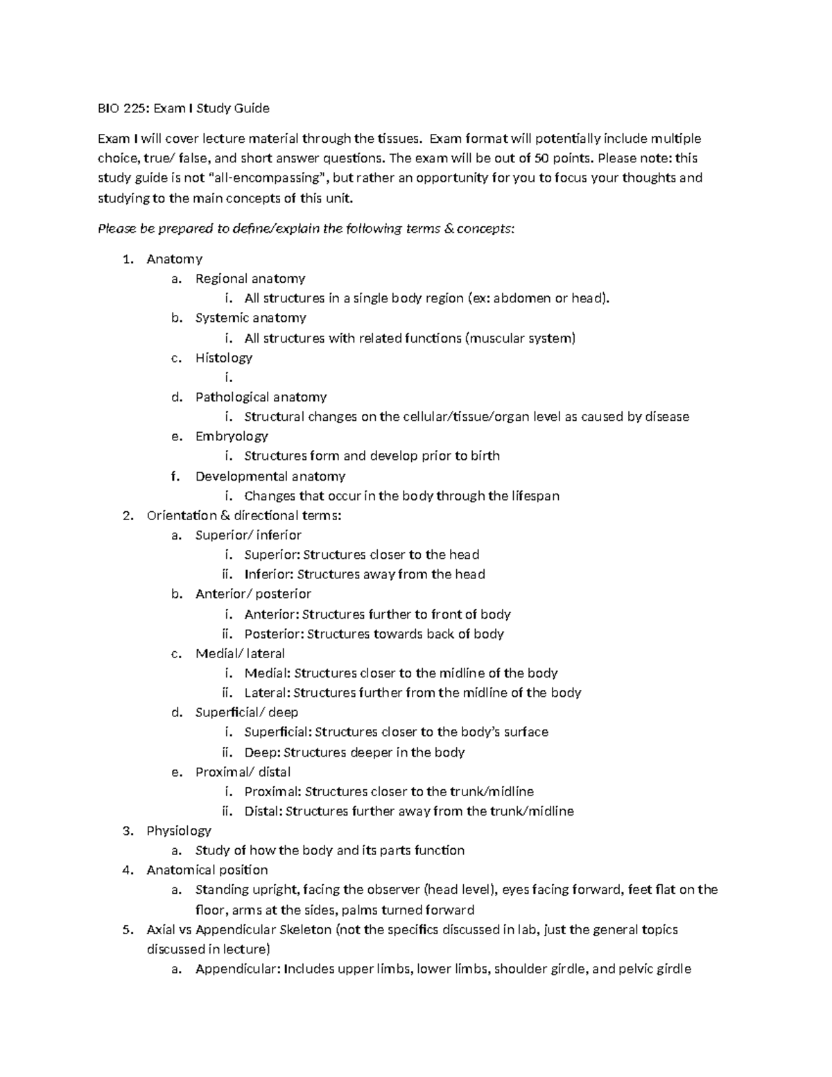 BIO 225: Exam I Study Guide on Anatomy & Physiology Concepts - Studocu