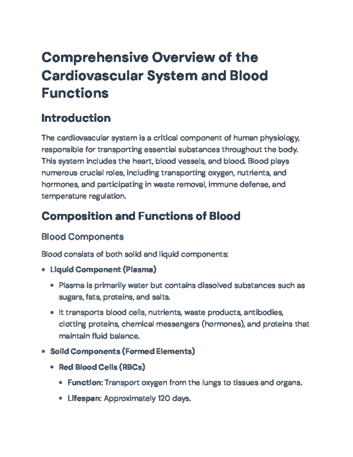 Comprehensive Overview of the Cardiovascular System and Blood Functions ...
