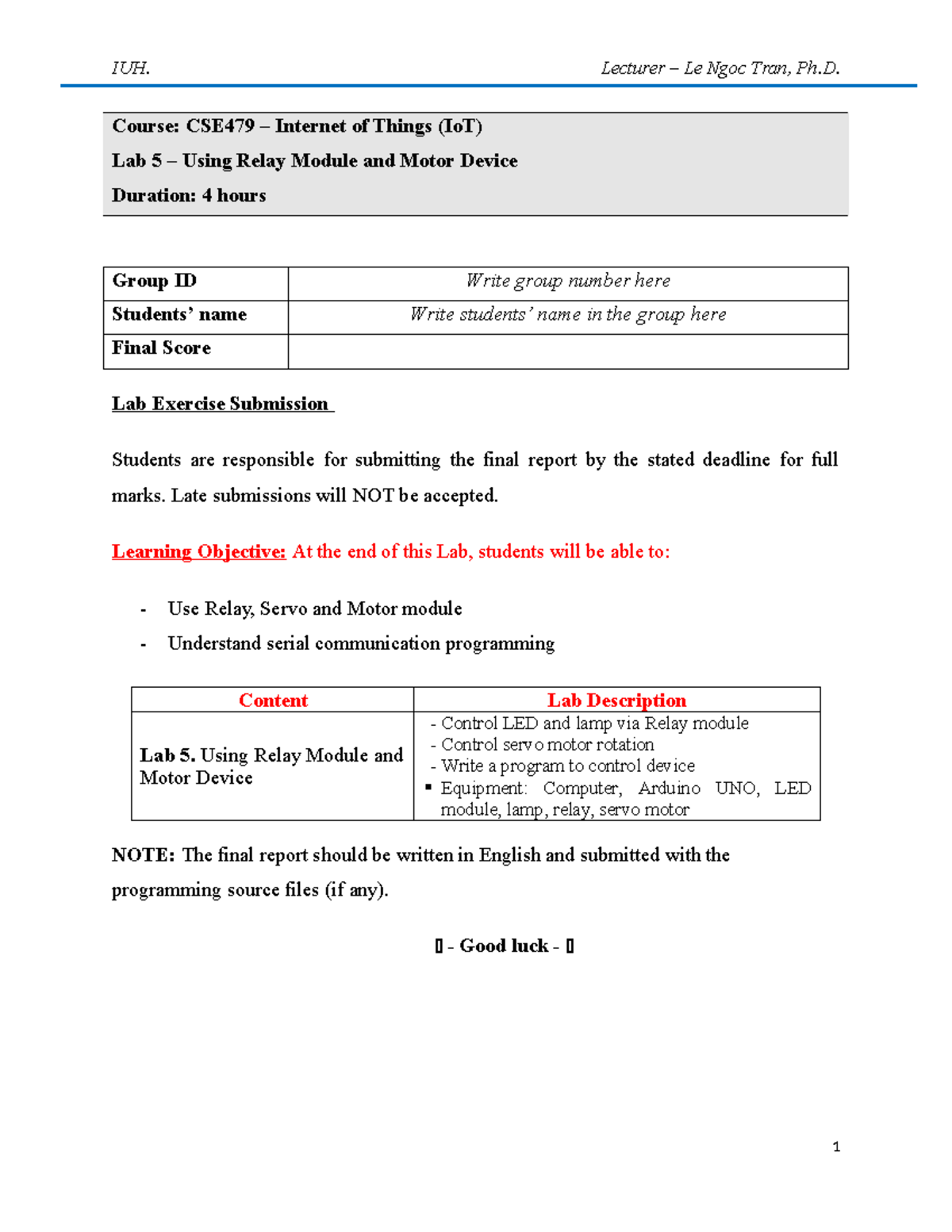 Lab 5 - CSE479 IoT: Relay Module & Motor Control Techniques - Studocu
