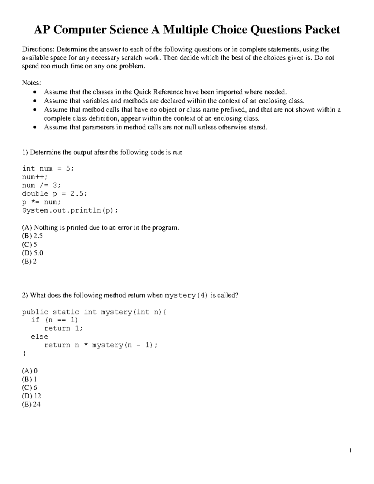 AP Computer Science A MCQ Review Packet - Studocu