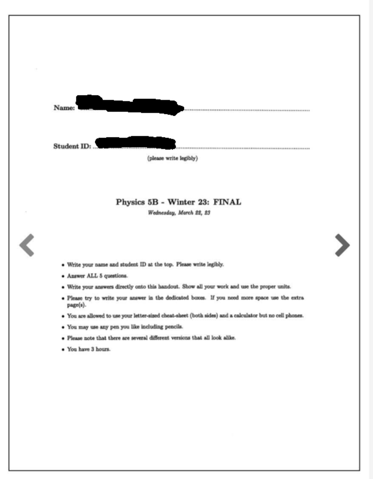 Physics 5B Winter 23: Final Exam Review and Problem Solutions - Studocu