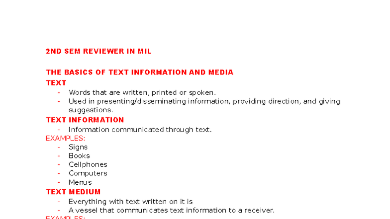 2ND SEM Reviewer IN MIL - Basics of Text Information & Media - Studocu
