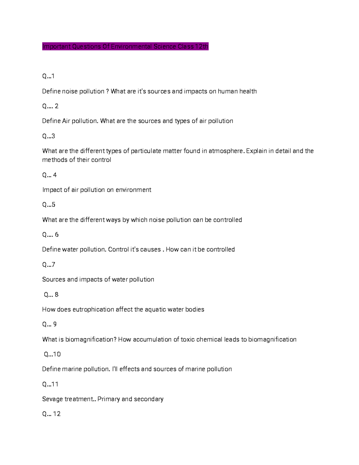 Important Questions of Environmental Science Class 12th - Studocu