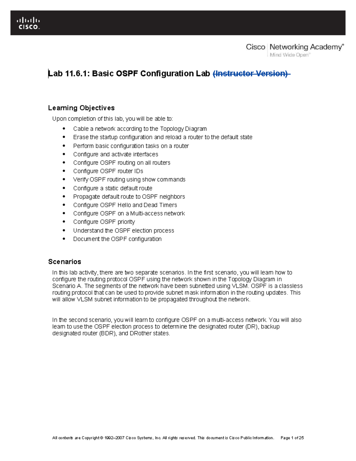 Lab 11.6.1: Basic OSPF Configuration and Routing Protocols - Studocu