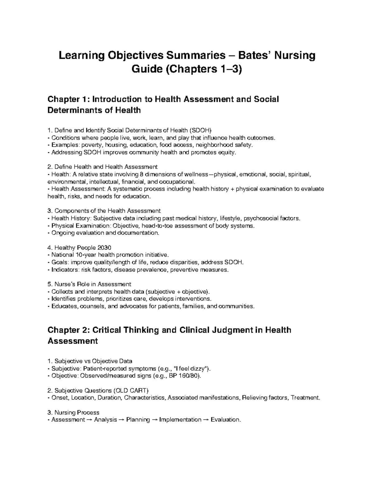 NUR 101: Learning Objectives for Health Assessment (Ch. 1-3) - Studocu