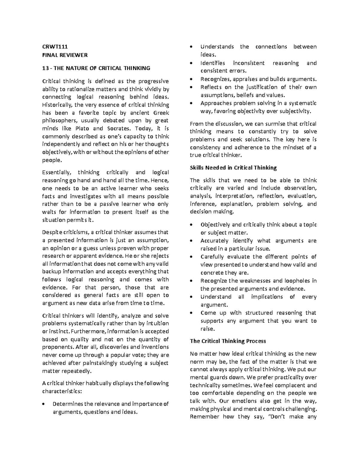 Final- Reviewer-CRWT - CRWT FINAL REVIEWER 13 - THE NATURE OF CRITICAL ...