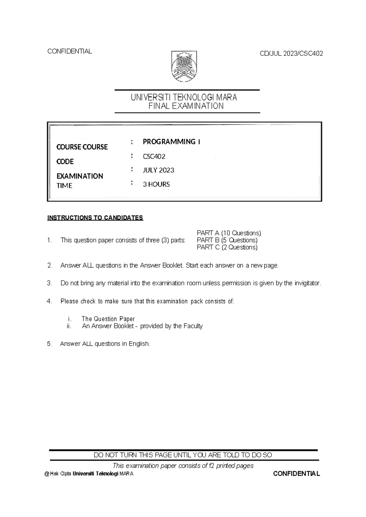 CSC402 JULY 2023 FINAL EXAMINATION PROGRAMMING I QUESTION PAPER - Studocu
