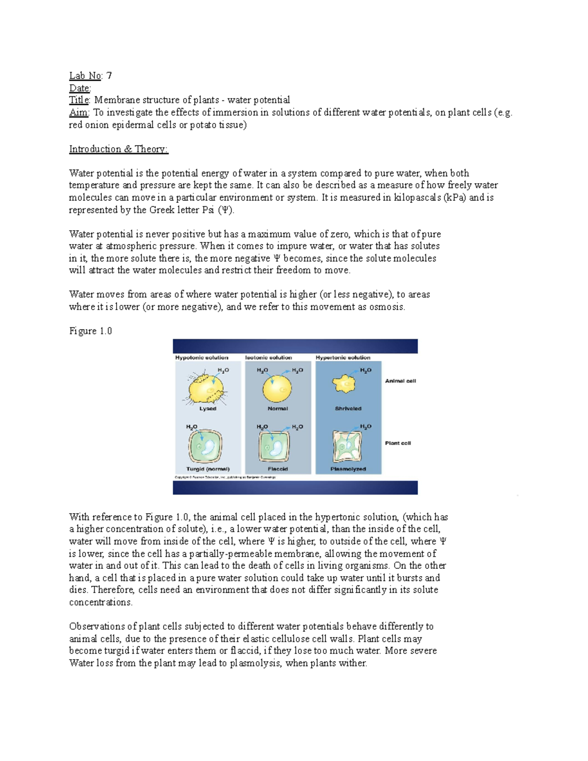 Biology lab osmosis - Lab No: 7 Date: Title: Membrane structure of ...