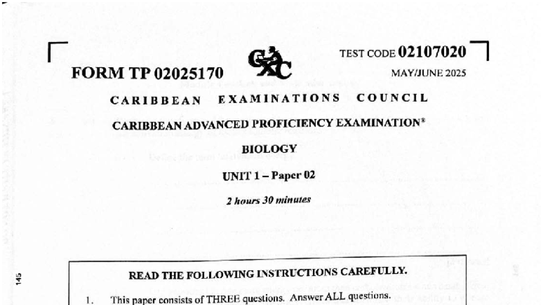 Biology 2025 - CAPE Unit 2 Paper 02 Exam Instructions and Questions ...