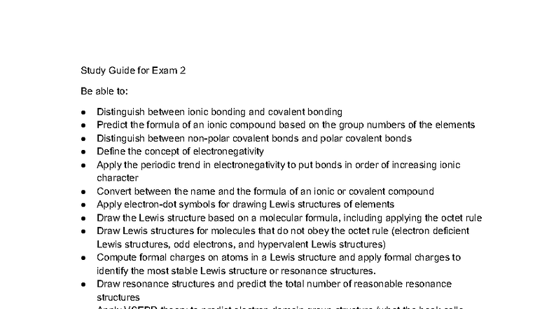 Study Guide for Chem 101 Exam 2: Bonding & Molecular Theory - Studocu