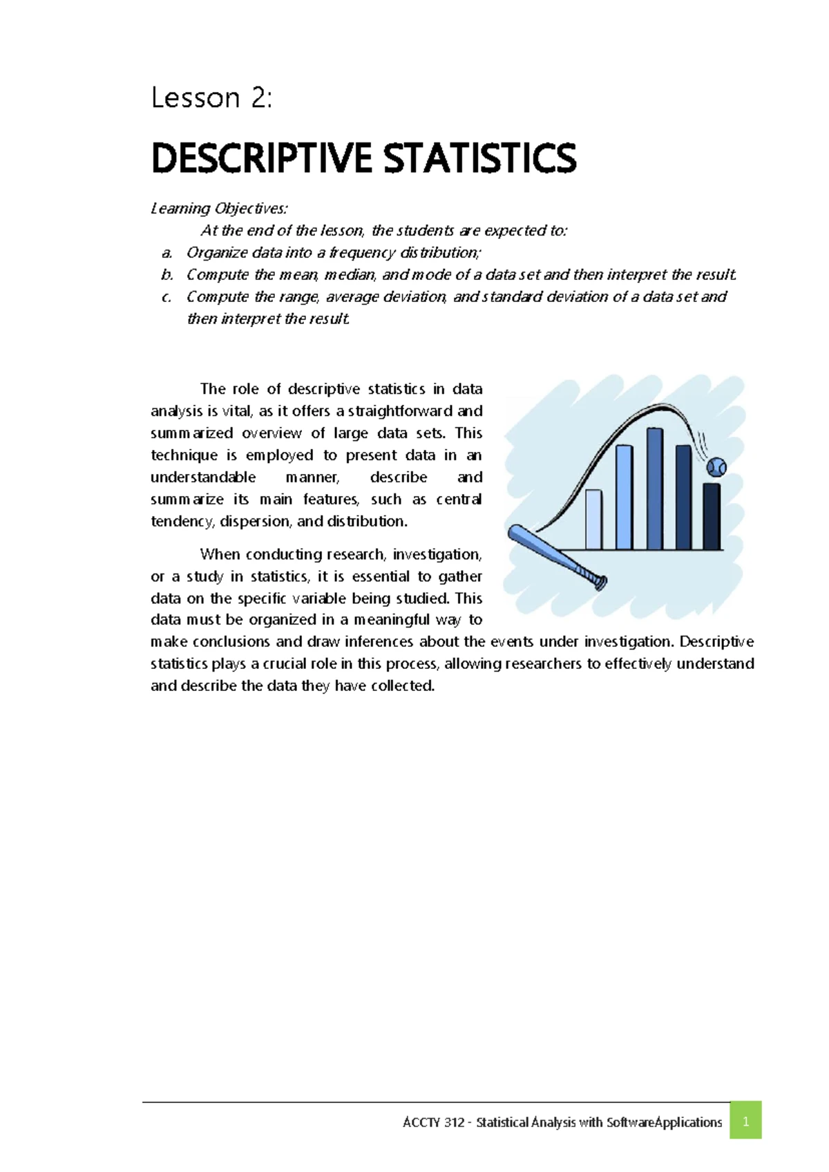 Accty 312 - Lesson 1 - Statistical Analysis with Software Applications ...