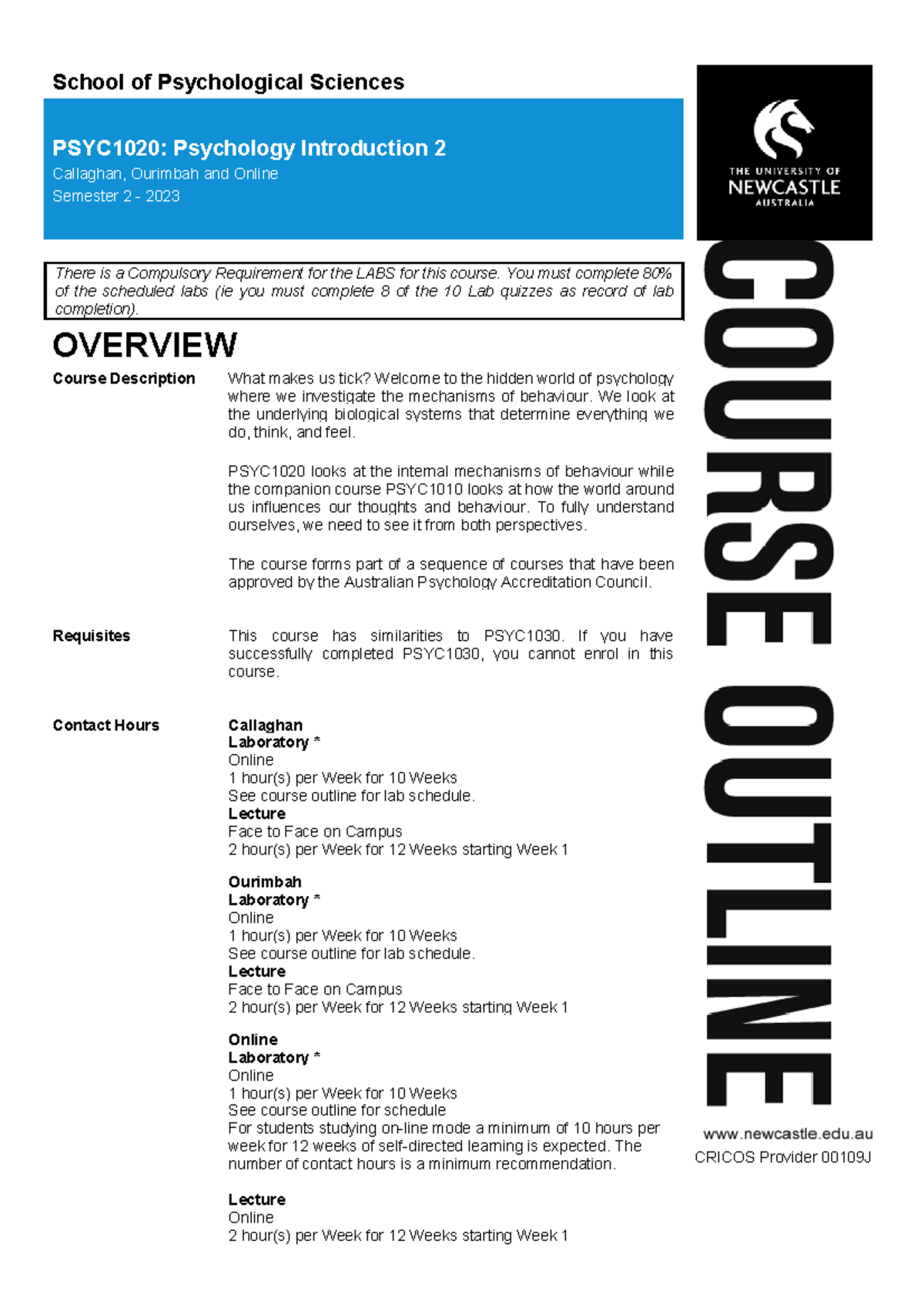PSYC1020: Psychology Introduction 2 Course Outline - Semester 2, 2023 ...