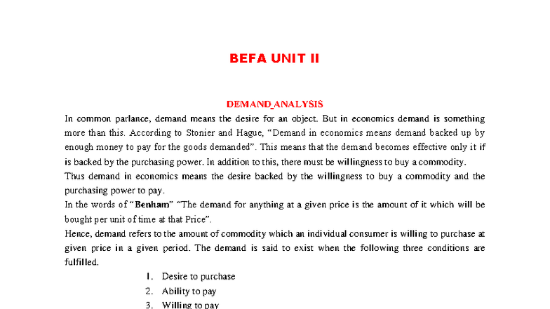BEFA Unit II: Demand Analysis and Forecasting Notes - Studocu