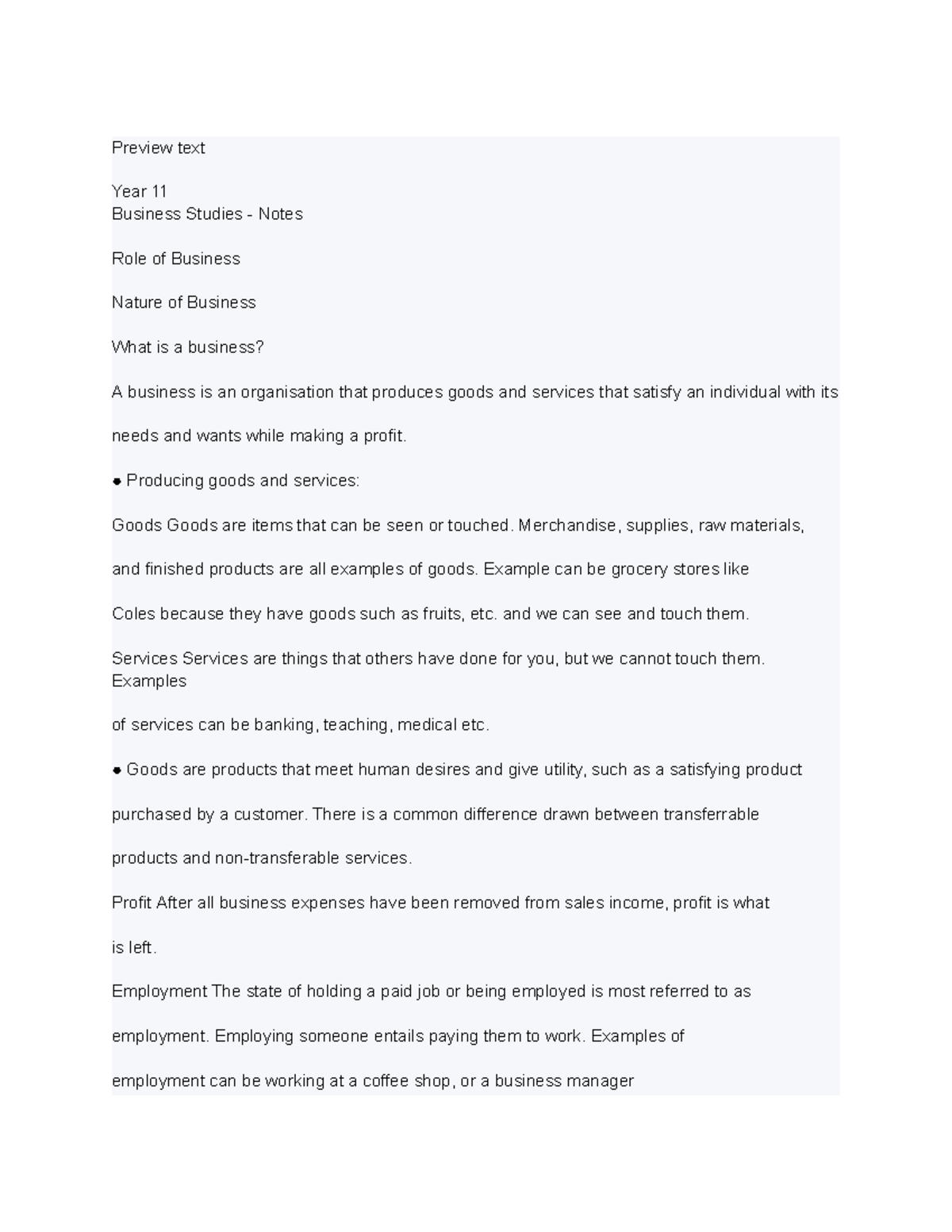 Year 11 Business Studies Module 1 Notes: Role & Nature of Business ...