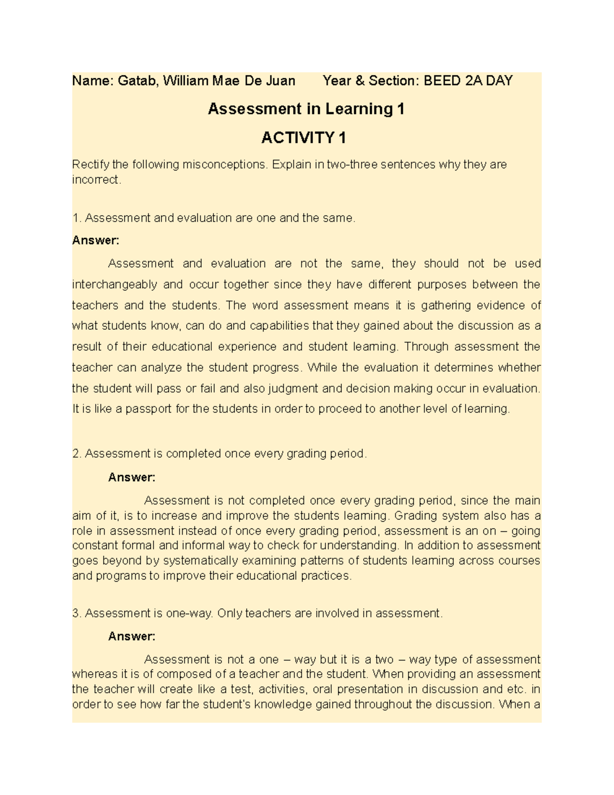 BEED 2A DAY: Activity 1 & 2 on Assessment in Learning 1 - Studocu